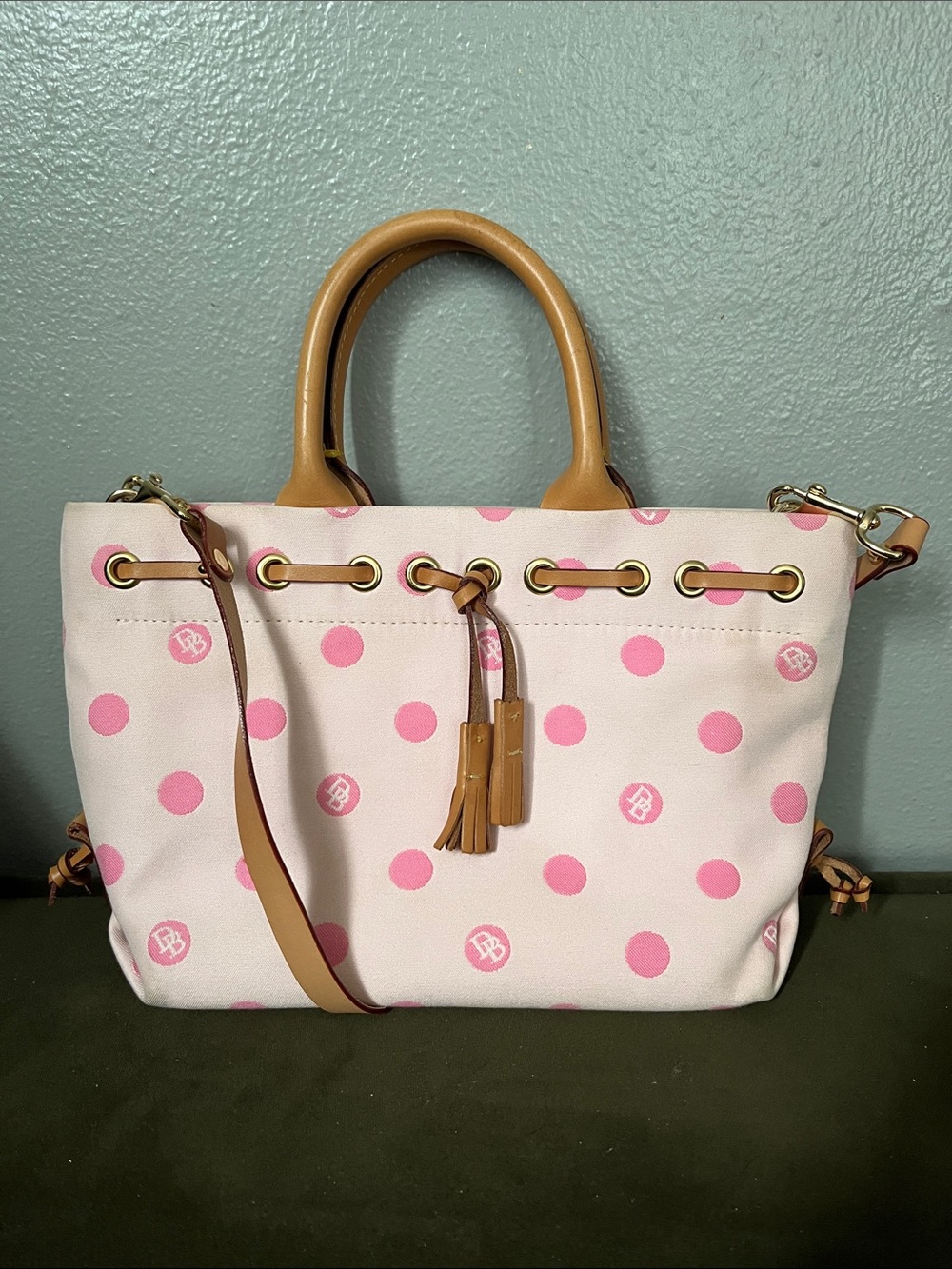 Dooney & Bourke Pink Polka Dot Tote with Tan Trim